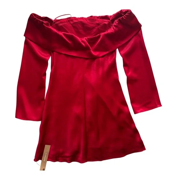 NWT Reformation Maves Mini Dress Cherry | Red Satin Off The Shoulder XS - Picture 4 of 6